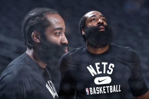 James Harden of the Brooklyn Nets warms up before a preseason game on October 11, 2021 at Wells Fargo Center in Philadelphia, Pennsylvania. NOTE TO...