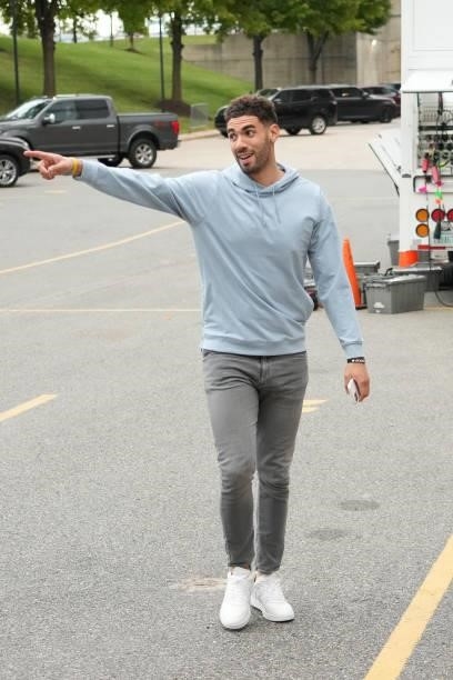 Georges Niang of the Philadelphia 76ers arrives prior to a a preseason game on October 11, 2021 at Wells Fargo Center in Philadelphia, Pennsylvania....
