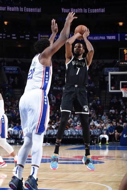 Kevin Durant of the Brooklyn Nets shoots the ball against the Philadelphia 76ers during a preseason game on October 11, 2021 at Wells Fargo Center in...