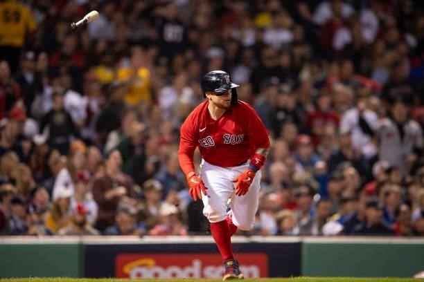 Christian Vazquez of the Boston Red Sox hits a single during the third inning of game four of the 2021 American League Division Series against the...