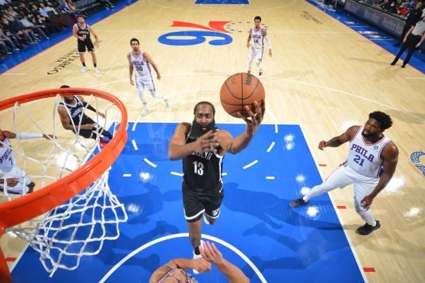 James Harden of the Brooklyn Nets shoots the ball against the Philadelphia 76ers during a preseason game on October 11, 2021 at Wells Fargo Center in...