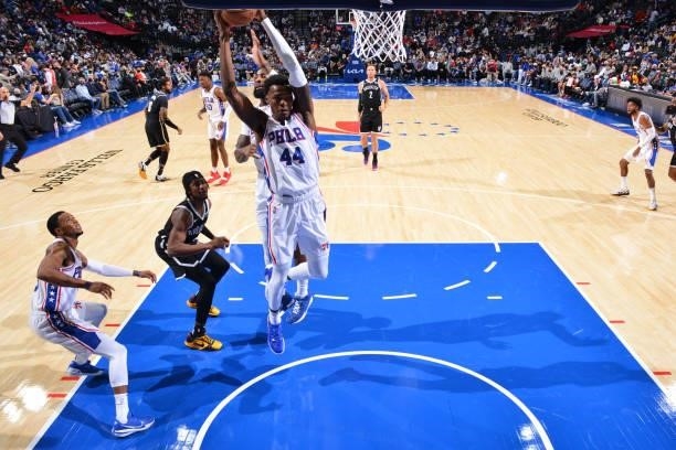 Paul Reed of the Philadelphia 76ers grabs the rebound against the Brooklyn Nets during a preseason game on October 11, 2021 at Wells Fargo Center in...