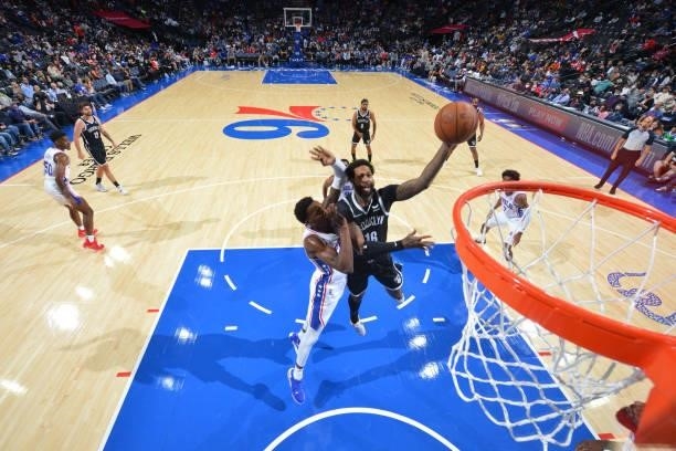 James Johnson of the Brooklyn Nets shoots the ball against the Philadelphia 76ers during a preseason game on October 11, 2021 at Wells Fargo Center...