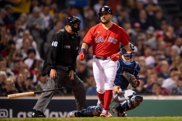 Kyle Schwarber of the Boston Red Sox is walked during the third inning of game four of the 2021 American League Division Series against the Tampa Bay...