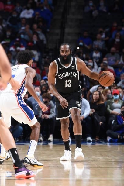 James Harden of the Brooklyn Nets handles the ball against the Philadelphia 76ers during a preseason game on October 11, 2021 at Wells Fargo Center...
