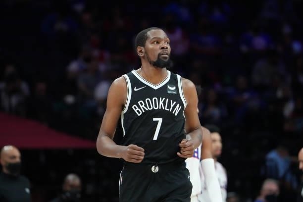 Kevin Durant of the Brooklyn Nets runs on during a preseason game on October 11, 2021 at Wells Fargo Center in Philadelphia, Pennsylvania. NOTE TO...