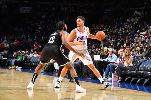 Georges Niang of the Philadelphia 76ers handles the ball against the Brooklyn Nets during a preseason game on October 11, 2021 at Wells Fargo Center...