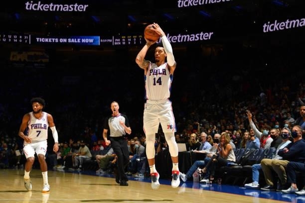 Danny Green of the Philadelphia 76ers shoots a three-pointer against the Brooklyn Nets during a preseason game on October 11, 2021 at Wells Fargo...