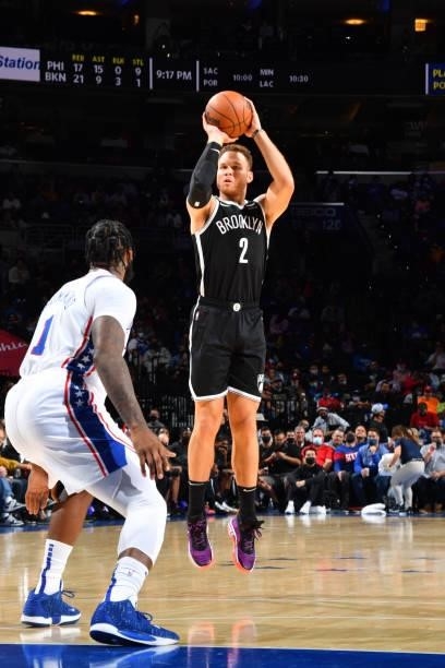 Blake Griffin of the Brooklyn Nets shoots a three-pointer against the Philadelphia 76ers during a preseason game on October 11, 2021 at Wells Fargo...