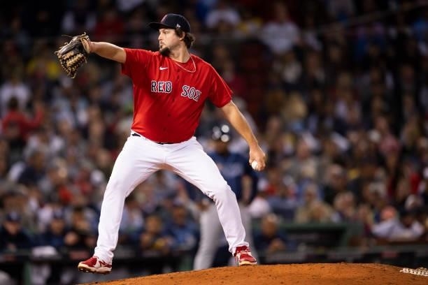 Josh Taylor of the Boston Red Sox delivers a pitch during the seventh inning of game four of the 2021 American League Division Series against the...