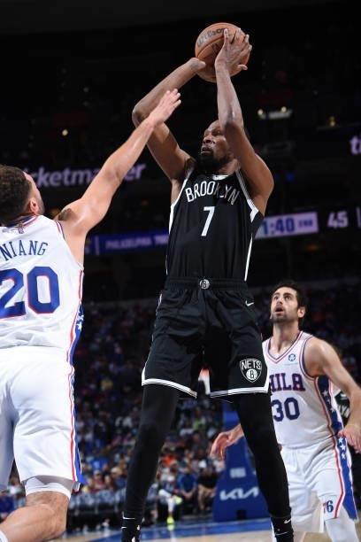 Kevin Durant of the Brooklyn Nets shoots the ball against the Philadelphia 76ers during a preseason game on October 11, 2021 at Wells Fargo Center in...