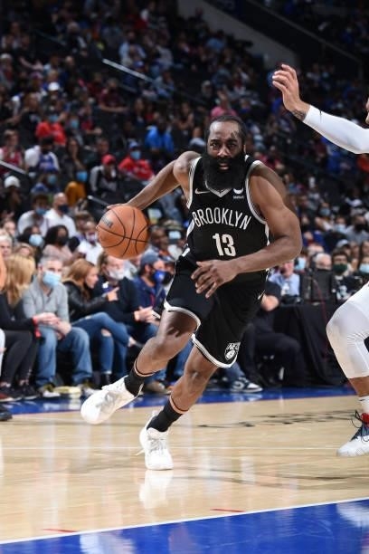 James Harden of the Brooklyn Nets handles the ball against the Philadelphia 76ers during a preseason game on October 11, 2021 at Wells Fargo Center...
