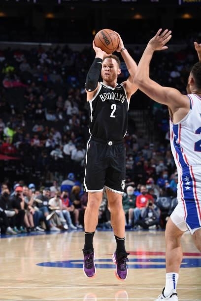 Blake Griffin of the Brooklyn Nets shoots a three-pointer against the Philadelphia 76ers during a preseason game on October 11, 2021 at Wells Fargo...