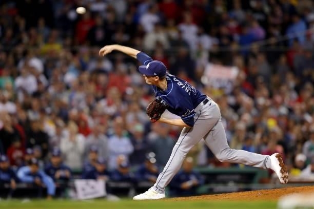 Pete Fairbanks of the Tampa Bay Rays pitches in the bottom of the eighth inning during Game 4 of the ALDS between the Tampa Bay Rays and the Boston...
