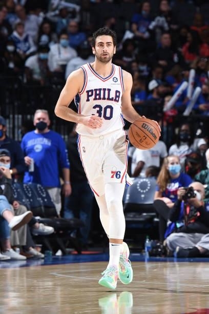 Furkan Korkmaz of the Philadelphia 76ers handles the ball against the Brooklyn Nets during a preseason game on October 11, 2021 at Wells Fargo Center...