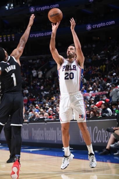 Georges Niang of the Philadelphia 76ers shoots a three-pointer against the Brooklyn Nets during a preseason game on October 11, 2021 at Wells Fargo...