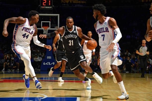 Paul Millsap of the Brooklyn Nets handles the ball against the Philadelphia 76ers during a preseason game on October 11, 2021 at Wells Fargo Center...