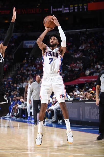 Isaiah Joe of the Philadelphia 76ers shoots a three-pointer against the Brooklyn Nets during a preseason game on October 11, 2021 at Wells Fargo...