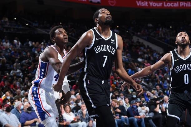 Kevin Durant of the Brooklyn Nets looks to grab a round against the Philadelphia 76ers during a preseason game on October 11, 2021 at Wells Fargo...