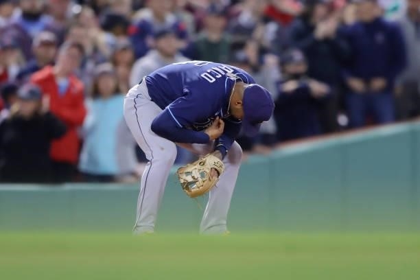 Wander Franco of the Tampa Bay Rays reacts after committing a throwing error in the bottom of the eighth inning during Game 4 of the ALDS between the...