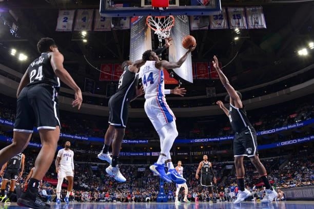 Paul Reed of the Philadelphia 76ers shoots the ball against the Brooklyn Nets during a preseason game on October 11, 2021 at Wells Fargo Center in...