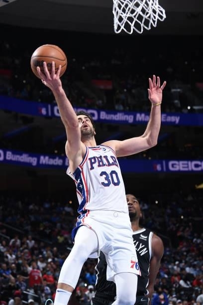 Furkan Korkmaz of the Philadelphia 76ers shoots the ball against the Brooklyn Nets during a preseason game on October 11, 2021 at Wells Fargo Center...