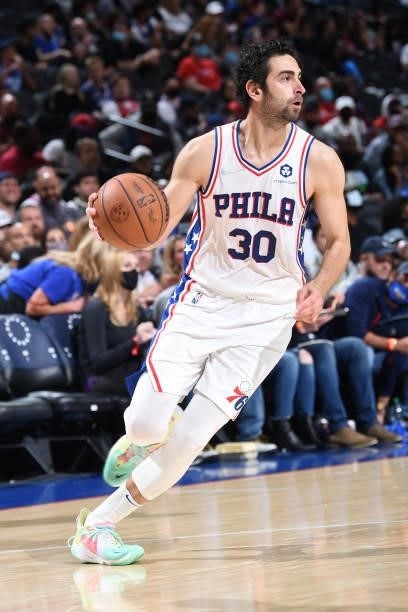 Furkan Korkmaz of the Philadelphia 76ers handles the ball against the Brooklyn Nets during a preseason game on October 11, 2021 at Wells Fargo Center...
