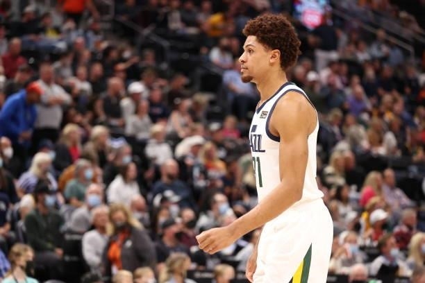MaCio Teague of the Utah Jazz looks on during a preseason game against the New Orleans Pelicans on October 11, 2021 at Vivint Arena in Salt Lake...