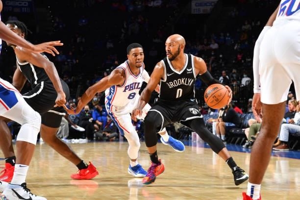 Jevon Carter of the Brooklyn Nets handles the ball against the Philadelphia 76ers during a preseason game on October 11, 2021 at Wells Fargo Center...