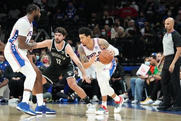 Danny Green of the Philadelphia 76ers handles the ball against the Brooklyn Nets during a preseason game on October 11, 2021 at Wells Fargo Center in...