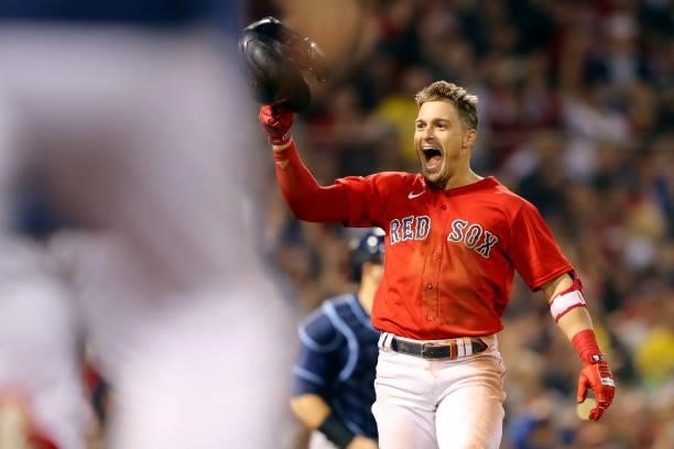 Enrique Hernández of the Boston Red Sox reacts after hitting the game winning sacrifice fly in the bottom of the ninth inning as the Red Sox defeat...