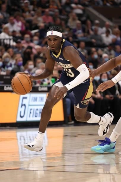 Kira Lewis Jr. #13 of the New Orleans Pelicans drives to the basket during a preseason game against the Utah Jazz on October 11, 2021 at Vivint Arena...