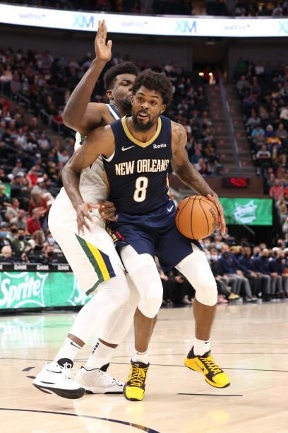 Naji Marshall of the New Orleans Pelicans drives to the basket during a preseason game against the Utah Jazz on October 11, 2021 at Vivint Arena in...