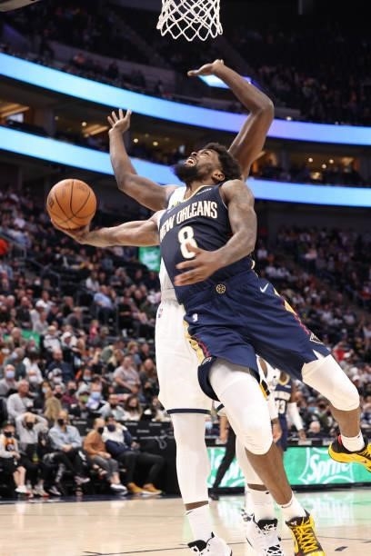 Naji Marshall of the New Orleans Pelicans shoots the ball during a preseason game against the Utah Jazz on October 11, 2021 at Vivint Arena in Salt...
