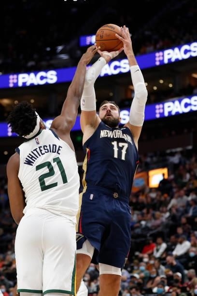 Jonas Valanciunas of the New Orleans Pelicans shoots the ball against the Utah Jazz during a preseason game on October 11, 2021 at vivint.SmartHome...