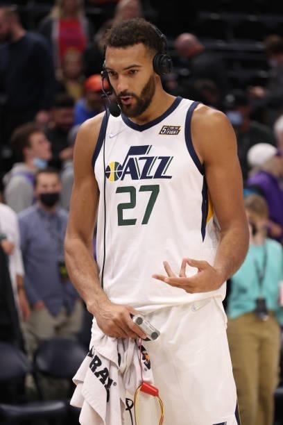 Rudy Gobert of the Utah Jazz interviews after a preseason game against the New Orleans Pelicans on October 11, 2021 at Vivint Arena in Salt Lake...