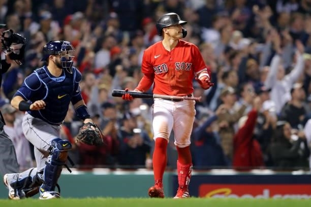 Enrique Hernández of the Boston Red Sox hits the game winning sacrifice fly in the bottom of the ninth inning as the Red Sox defeat the Tampa Bay...