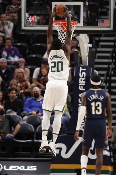 Udoka Azubuike of the Utah Jazz dunks the ball during a preseason game against the New Orleans Pelicans on October 11, 2021 at Vivint Arena in Salt...