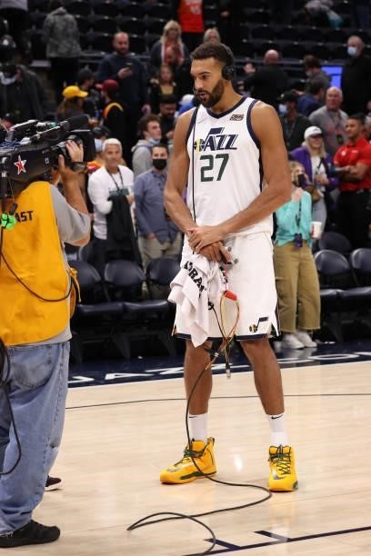 Rudy Gobert of the Utah Jazz interviews after a preseason game against the New Orleans Pelicans on October 11, 2021 at Vivint Arena in Salt Lake...