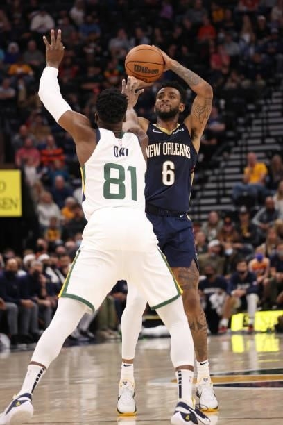 Nickeil Alexander-Walker of the New Orleans Pelicans shoots the ball during a preseason game against the Utah Jazz on October 11, 2021 at Vivint...