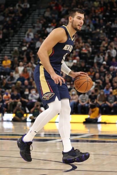 Willy Hernangomez of the New Orleans Pelicans dribbles the ball during a preseason game against the Utah Jazz on October 11, 2021 at Vivint Arena in...