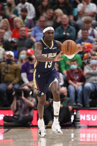 Kira Lewis Jr. #13 of the New Orleans Pelicans passes the ball during a preseason game against the Utah Jazz on October 11, 2021 at Vivint Arena in...