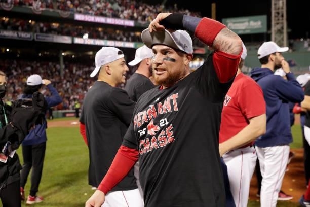 Christian Vázquez of the Boston Red Sox celebrates after the Red Sox defeated the Tampa Bay Rays 6-5 in Game 4 of the ALDS at Fenway Park on Monday,...
