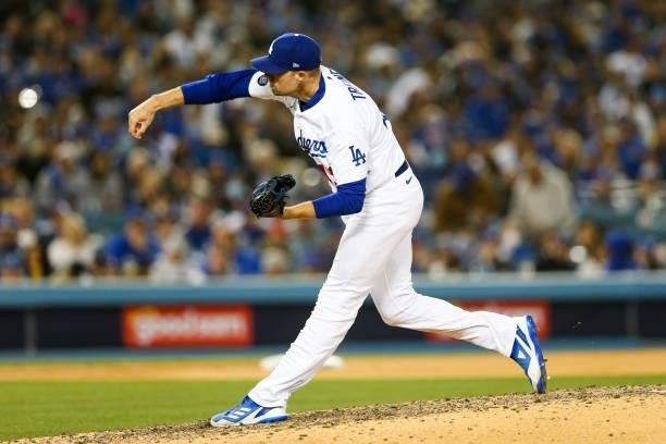 Blake Treinen of the Los Angeles Dodgers pitches during Game 3 of the NLDS between the San Francisco Giants and the Los Angeles Dodgers at Dodgers...