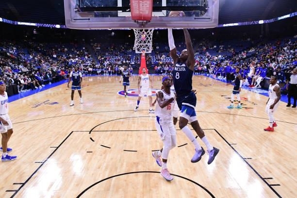 Jarred Vanderbilt of the Minnesota Timberwolves dunks the ball during a preseason game against the LA Clippers on October 11, 2021 at Toyota Arena in...