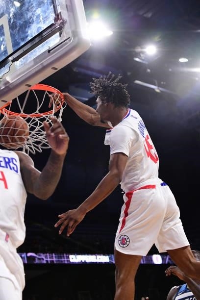 Keon Johnson of the LA Clippers dunks the ball during a preseason game against the Minnesota Timberwolves on October 11, 2021 at Toyota Arena in...