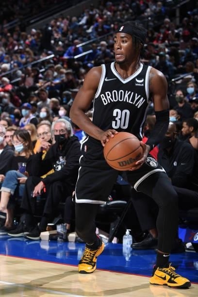 David Duke Jr. #30 of the Brooklyn Nets handles the ball against the Philadelphia 76ers during a preseason game on October 11, 2021 at Wells Fargo...