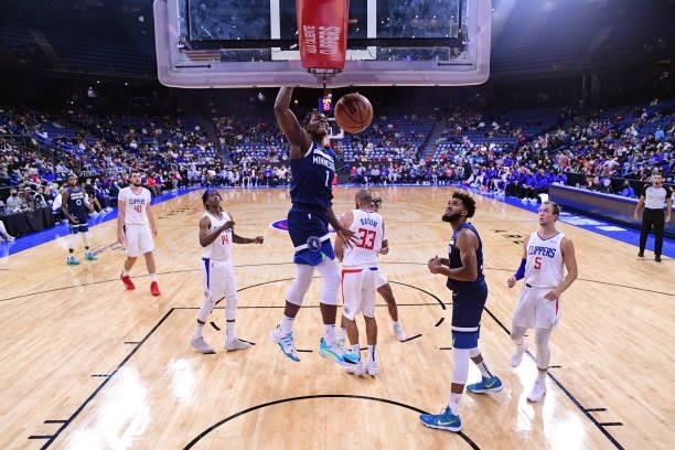 Anthony Edwards of the Minnesota Timberwolves dunks the ball during a preseason game against the LA Clippers on October 11, 2021 at Toyota Arena in...