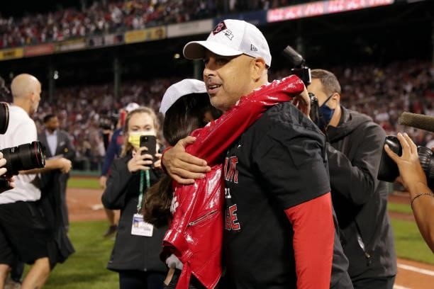 Manager Alex Cora of the Boston Red Sox celebrates after the Red Sox defeated the Tampa Bay Rays 6-5 in Game 4 of the ALDS at Fenway Park on Monday,...