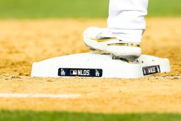 Detail shot of first base during Game 3 of the NLDS between the San Francisco Giants and the Los Angeles Dodgers at Dodgers Stadium on Monday,...